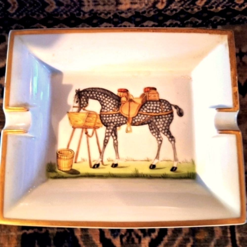 Hermes` Equestrian Hand-painted Porcelain, Gold Trim Orig Box. France. Authentic
